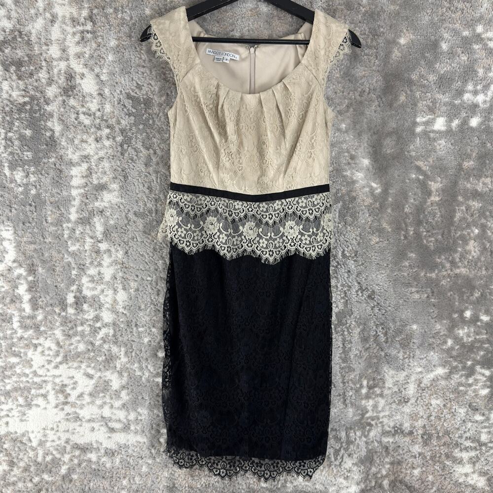 Maggy London‎ Sz 2 Floral Lace Elegant Cocktail Fit Flared Mini Dress Sleeveless